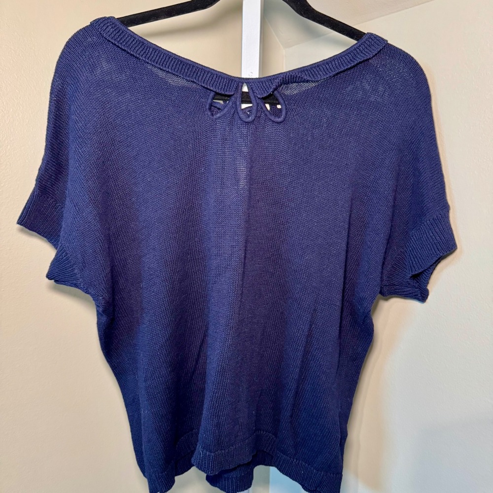 Moth by Anthropologie Navy Linen Cotton Blend Knit Short‎ Sleeve Tie Neck Size M